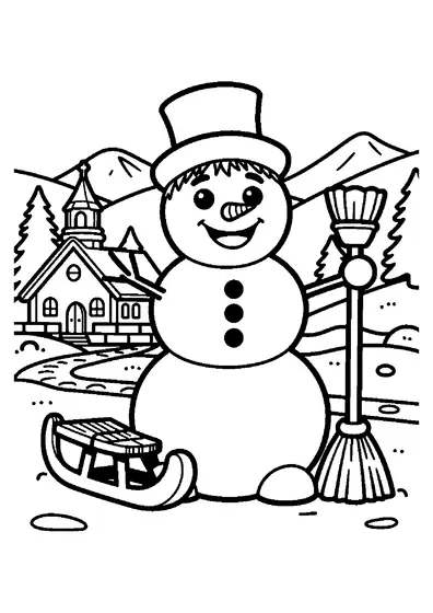 Lächelnder Schneemann mit Schlitten und Besen vor einer Kapelle bei Schneefall.