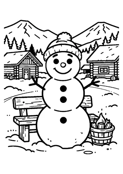 A snowman in an earflap hat stands beside a bench outside a wooden mountain lodge.