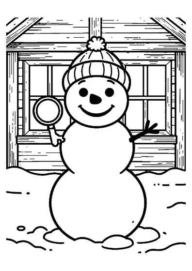 Ausmalbild mit einem Schneemann vor dem Holzgebäude einer Forschungsstation für Insekten im Wald.