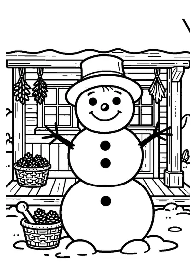 Coloring page imprimabil cu un om de zăpadă în fața cabanei unui herborist din pădure, într-un decor de iarnă