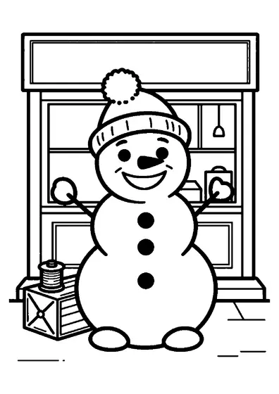 Ausmalbild mit einem Schneemann vor einer Schneiderei, in deren Schaufenster eine Schneiderpuppe steht.