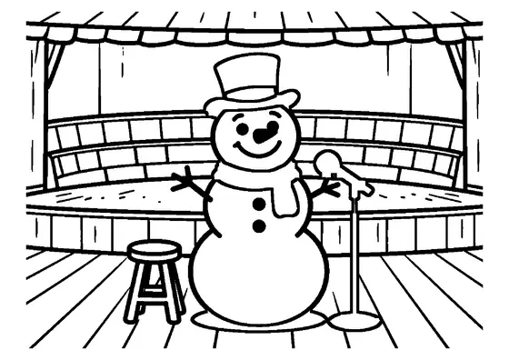 Ein Schneemann mit Hut steht auf den Brettern einer winterlichen Freilichtbühne.