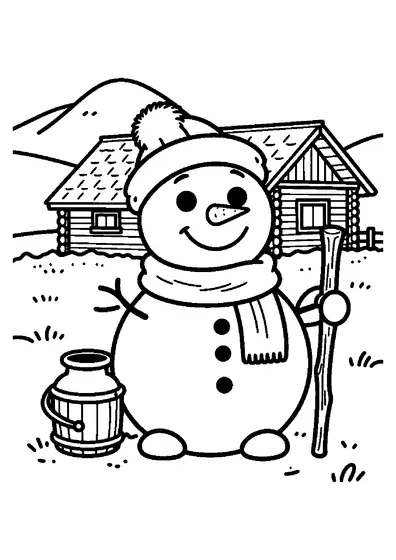 Desenho para colorir de um boneco de neve com um chapéu de pastor em frente a um chalé de madeira.