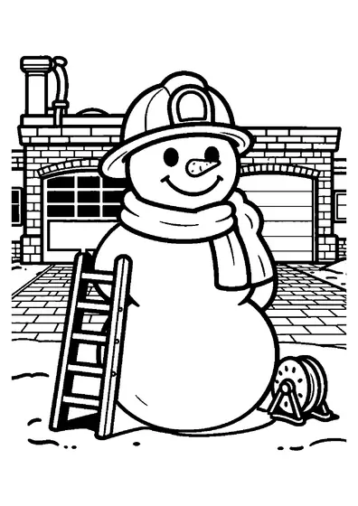 Un muñeco de nieve con casco de bombero permanece junto a la puerta de un parque de bomberos rural.
