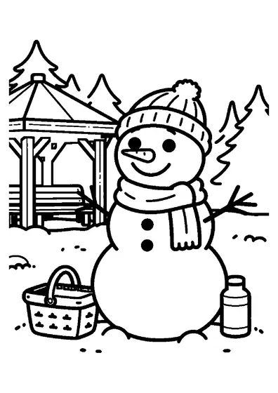 Coloração com um boneco de neve em pé ao lado de uma tenda de madeira numa floresta coberta de neve.