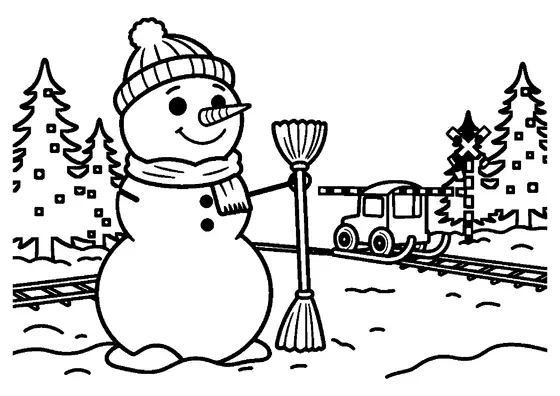 Ein Schneemann mit Mütze, Schlitten und Besen steht zwischen Fichten an einem verschneiten Bahnübergang.