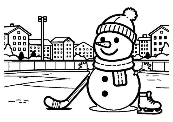 Un muñeco de nieve con palo de hockey permanece junto a las vallas de una pista de hielo exterior.