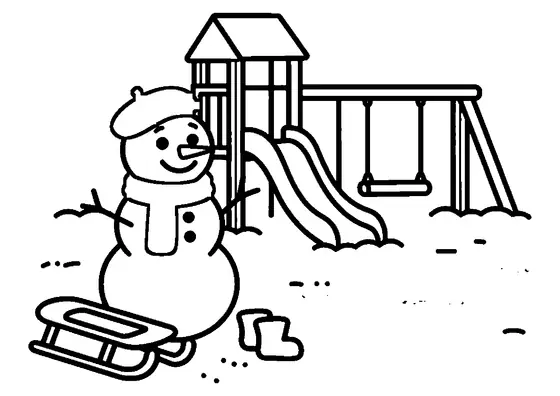 Ein Schneemann steht neben einer verschneiten Rutsche und einer Schaukel auf dem Spielplatz.