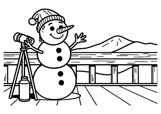 Ausmalbild mit einem Schneemann, der an einem Berg-Aussichtspunkt mit Geländer durch ein Fernglas blickt.