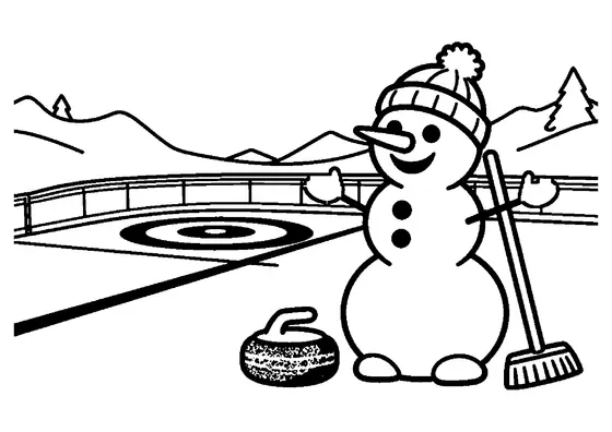 Un om de zăpadă cu o piatră și o mătură de curling pe un patinoar înghețat în aer liber.