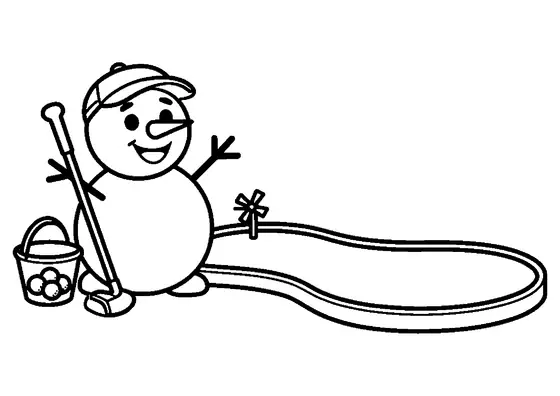 Ausmalbild mit einem Schneemann, der mit einem Schläger am Rand einer winterlichen Minigolfbahn steht.