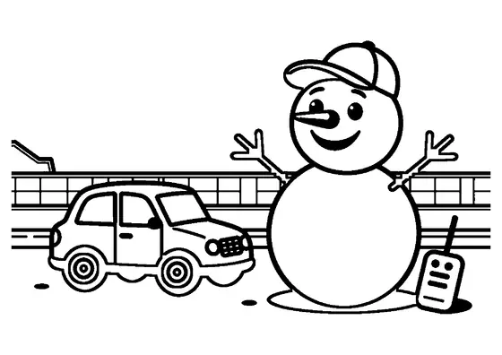 Ausmalbild mit einem Schneemann, der am Rand einer winterlichen Rennbahn für ferngesteuerte Modellautos mitfiebert.