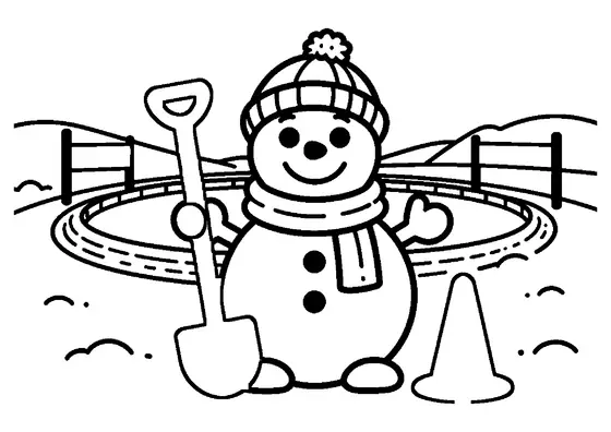 Un om de zăpadă vesel stă lângă o pistă de curse pentru snowmobile, într-o vale acoperită de zăpadă.