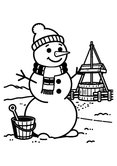 Ein Schneemann steht an einem historischen hölzernen Ziehbrunnen auf einem verschneiten Hof.