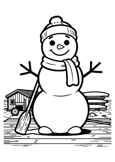Desenho para colorir com um boneco de neve em pé com um remo em um cais para caiaques.