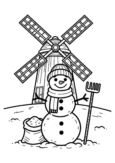 Un muñeco de nieve con bufanda permanece junto a un molino de madera tradicional en una colina nevada.