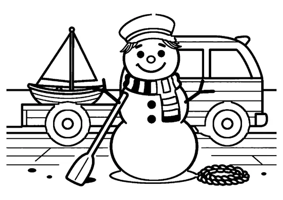 Ein Schneemann steht an einem hölzernen Segelsteg neben einem an Land gezogenen Boot.