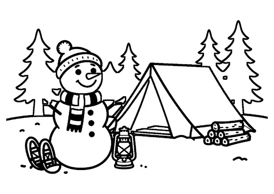 Un muñeco de nieve junto a un campamento con tienda y trineo en un claro nevado.