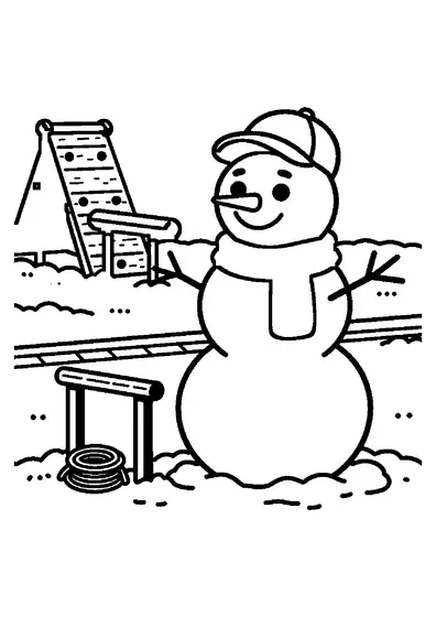 Ein Schneemann mit Sportmütze steht neben hölzernen Hindernissen und einem Klettergerüst.