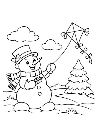 Smiling snowman in a top hat and scarf flying a diamond kite on a snowy hill beside a pine tree.