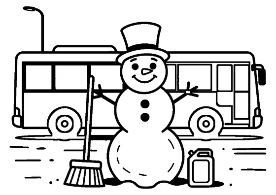 Un muñeco de nieve con sombrero de copa junto a una escoba, una aceitera y un autobús aparcado en una cochera nevada.