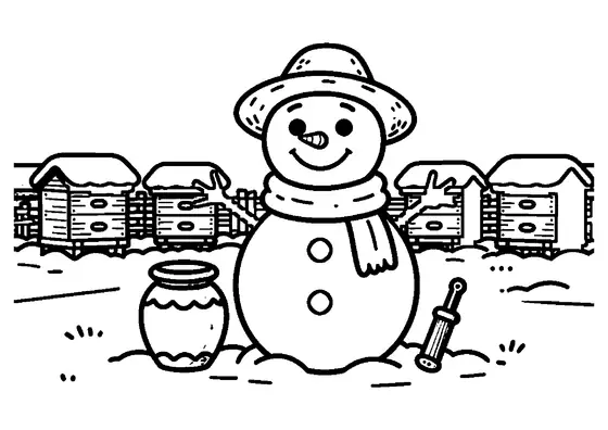 Un muñeco de nieve entre colmenas de madera cubiertas de nieve en un apiario rural.