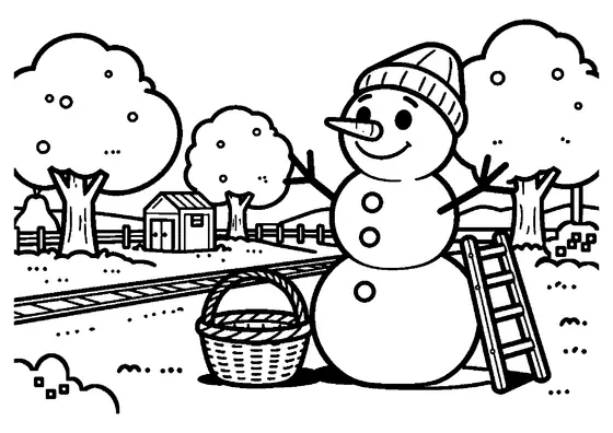 Ein Schneemann mit Strickmütze steht zwischen winterlichen Birnbäumen neben einem Korb und einer Leiter.