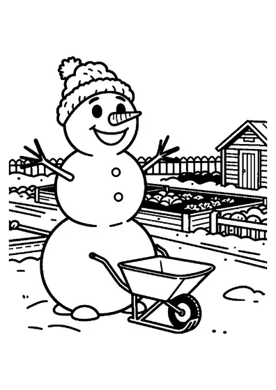 Ein Schneemann mit Ohrenschützern steht zwischen den Beeten eines winterlichen Gemüsegartens neben Schubkarre und Schaufel.