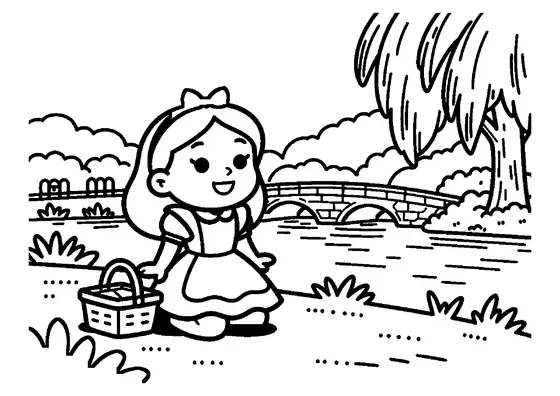 Ett leende Alice med en korg och fläkt på en solig strand vid en flod bredvid en stenhällbro.