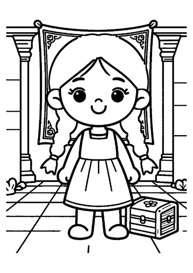 Die Prinzessin neben einem Kissen und einer Truhe in einem Schlossflur.