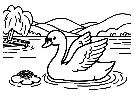 Ein ausgewachsener Schwan schwimmt zwischen Seerosen, einem Steg und Weiden über einen See.