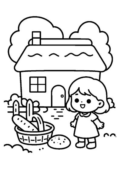 Gretel steht mit einem Korb vor einem fantasievollen Lebkuchenhaus auf einer Waldlichtung.