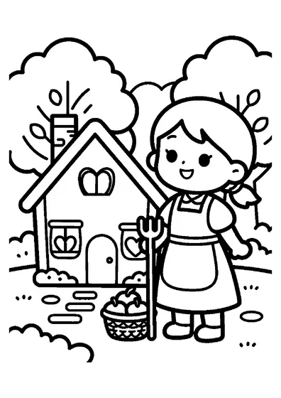 Ausmalbild mit Gretel, die in einem Obstgarten neben einem Lebkuchenhaus steht.