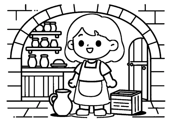 Gretel mit einem Krug und einer Kiste frischer Äpfel in einer Speisekammer.