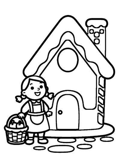 Gretel, îmbrăcată cu șorț, ține un coș cu fructe lângă o casă dulce din turtă dulce, aflată în pădure.
