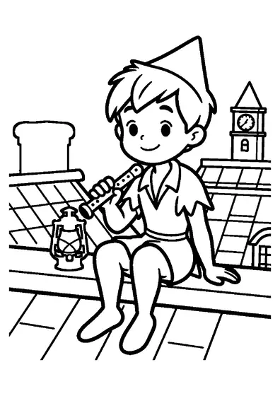 Peter Pan stă lângă un coș de fum din cărămidă, pe acoperișul unei case vechi.