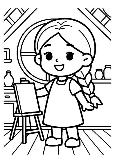 Rapunzel pictează la șevalet într-un atelier luminos amenajat în podul turnului.