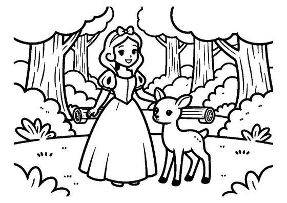 Blancanieves ofrece una manzana a un pequeño cervatillo en un claro del bosque.