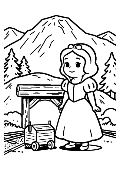 Schneewittchen steht mit einer Holzkiste neben einer Lore am Eingang zu einem Bergwerk in den Bergen.