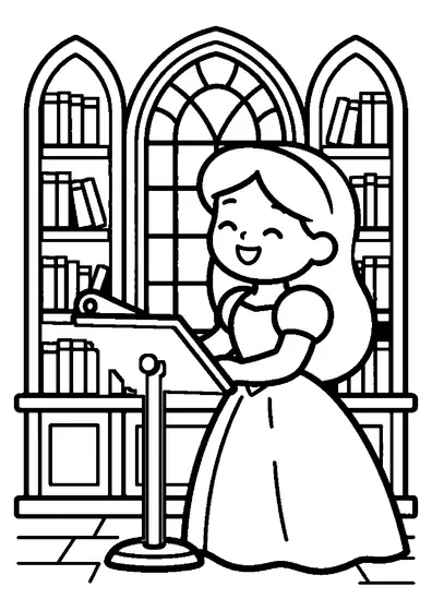 Frumoasa adormită stă lângă o bibliotecă din lemn plină cu volume, în biblioteca unui castel.