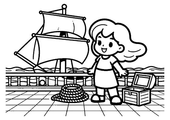 Wendy med ett rep och en träkista på däck på en segelbåt som seglar på ett störtat hav.