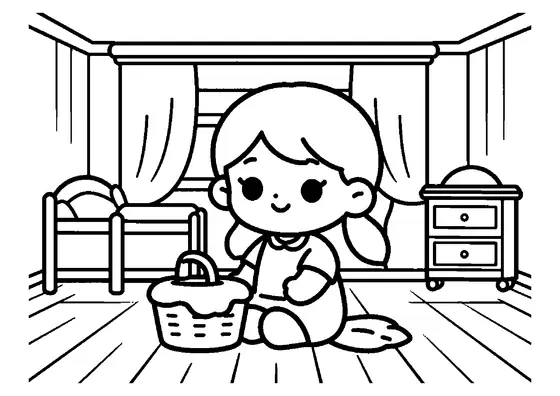 Wendy sitzt mit einem Nähkorb in einem gemütlichen Kinderzimmer mit Betten und Kamin.