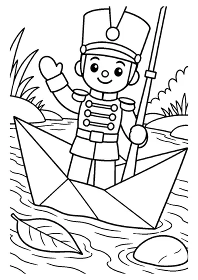 Smiling toy soldier in a tall plumed hat waving from a folded paper boat on a stream with a floating leaf and a stone