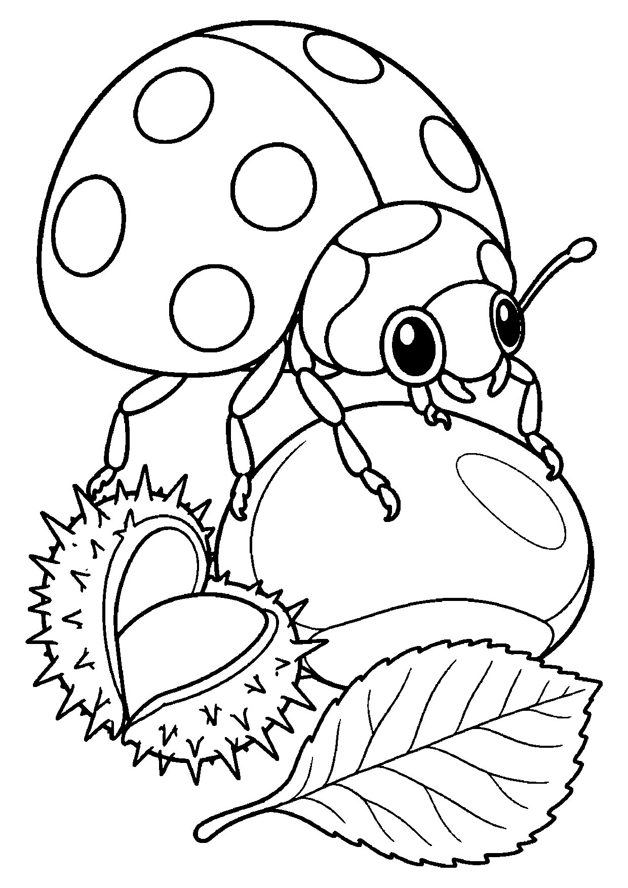 A spotted ladybug with big eyes climbs a smooth chestnut beside an open spiky husk and a broad toothed leaf