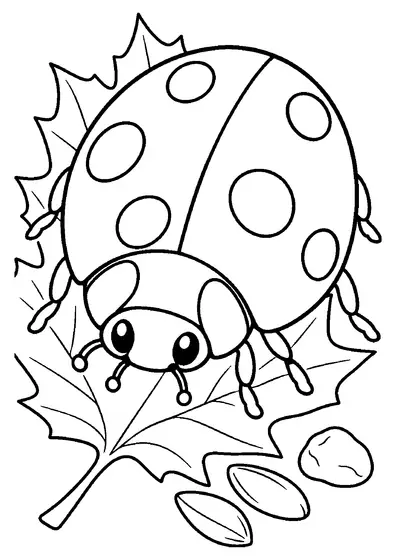 A big spotted ladybug crawling across a broad maple leaf, with a smooth pebble and two small seeds lying nearby