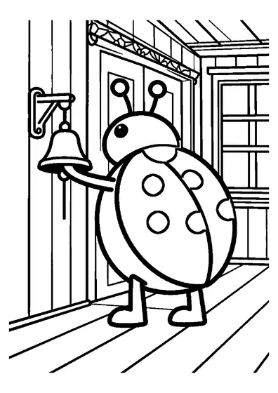 Ausmalbild mit einem Marienkäfer auf der Halterung einer Messingglocke, die an der Veranda hängt.