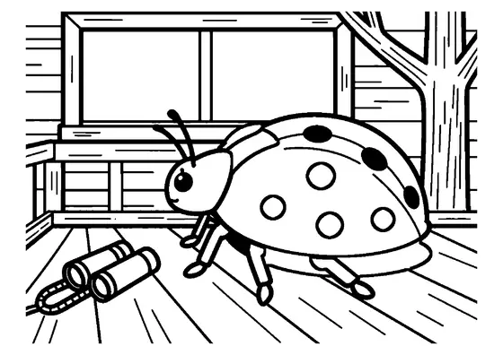 Una coccinella cammina sulle assi di legno della terrazza di una casa sull’albero.