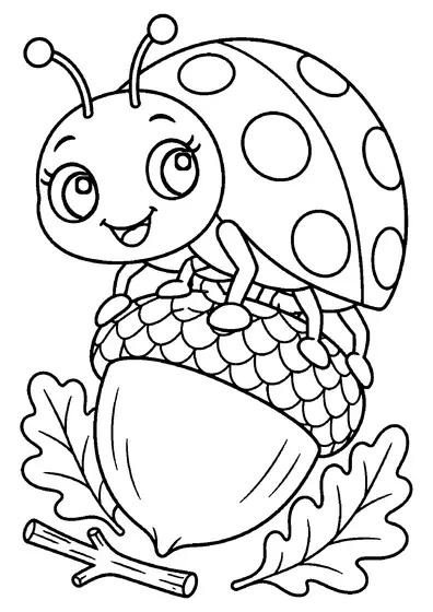 A smiling ladybug with round spots sits on top of a large acorn with a scaly cap, beside two oak leaves and a twig.