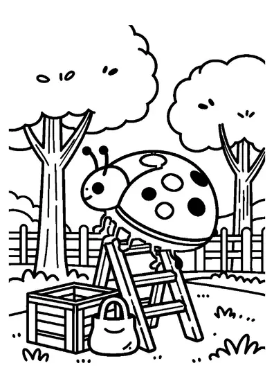 Ausmalbild mit einem Marienkäfer auf einer Holzleiter zwischen blühenden Obstbäumen.