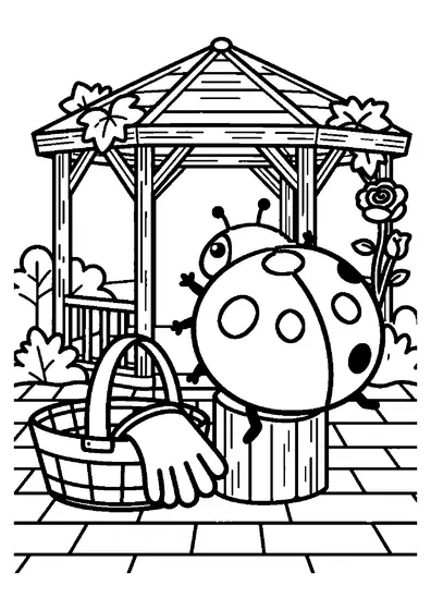 Ausmalbild mit einem Marienkäfer an einem Gartenpavillon mit rankenden Weinreben.